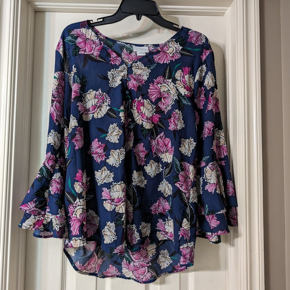 Liz Claiborne Navy Floral Bell Sleeve Blouse